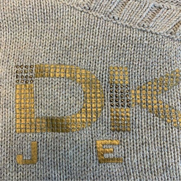 Dkny beige brown long sleeve V-neck metallic logo knit sweater Sz L - Picture 5 of 10